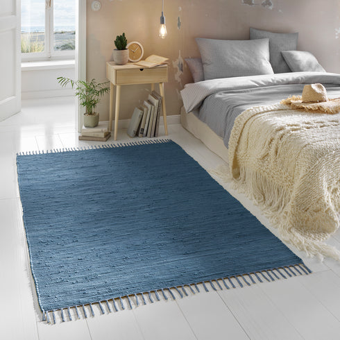 Flicken-Teppich 100% Baumwolle | Waschbarer Fleckerl mit Fransen | Blau